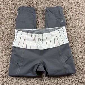 Lululemon Wunder Under Crop Gray Striped Waistband Yoga Pants Women's Size 8 gym